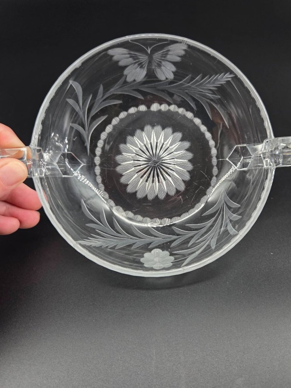 Vintage Heisey Etched Butterfly Elegant Glass 2 Handle Bowl Manganese UV Glow